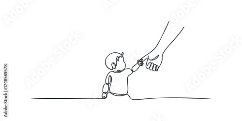 Child holding parent finger with single line drawing