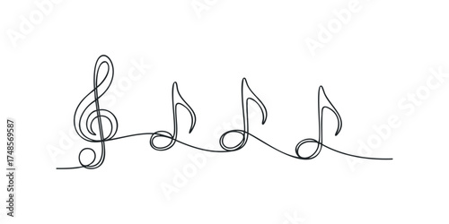 Continuous line drawing of treble clef and musical notes