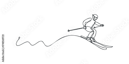 Single line drawing of a skier descending a slope
