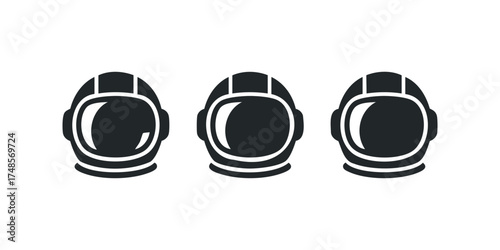 Three identical astronaut helmets aligned horizontally