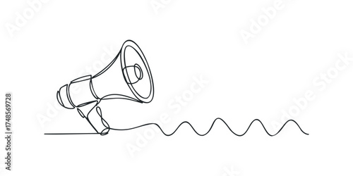 Continuous line drawing of a megaphone emitting sound waves