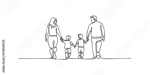Family holding hands walking together side view