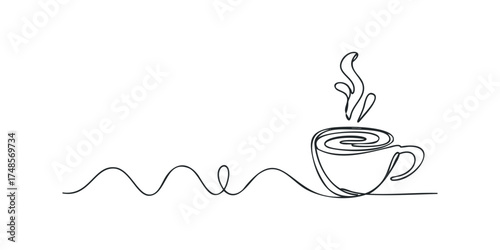 Single line drawing of steaming coffee cup
