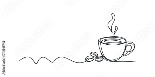 Single Line Drawing Coffee Cup with Beans and Steam