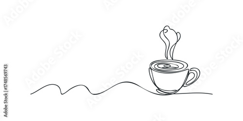 Single Line Drawing of Steaming Coffee Cup