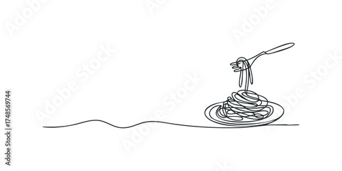 Spaghetti and Fork in Single Line Art Style