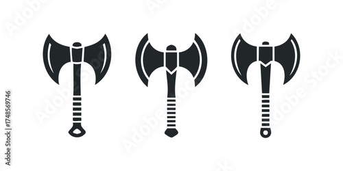 Three silhouette battle axes against white background