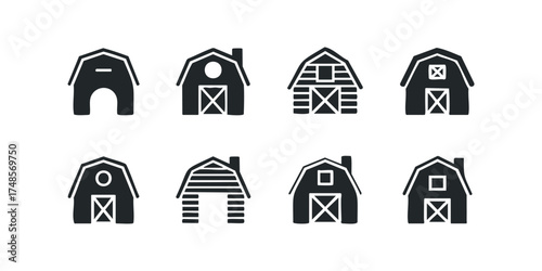 Set of Barn Silhouettes with Various Rooflines and Entrances
