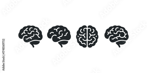 Four stylized brain icons in black silhouette