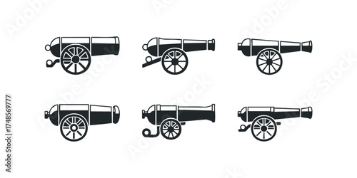 Six historical cannon silhouettes with wheels