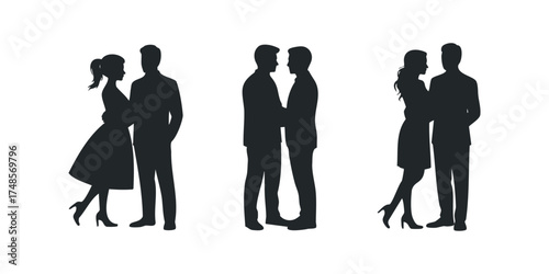 Couple silhouettes embracing romantically in various poses