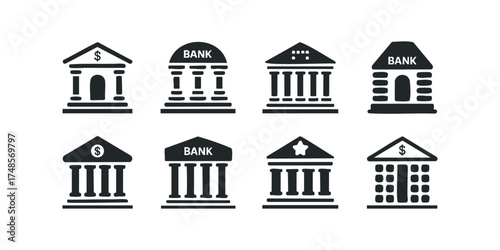 Collection of simplified bank building icons with dollar signs and stars
