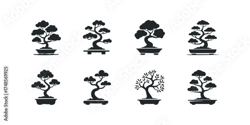 Collection of eight stylized tree silhouettes in pots