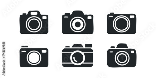 Six black camera icons on a white background