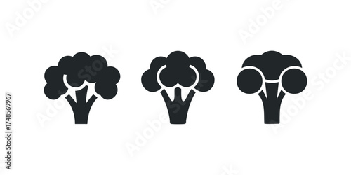Three minimalist broccoli icons in black silhouette