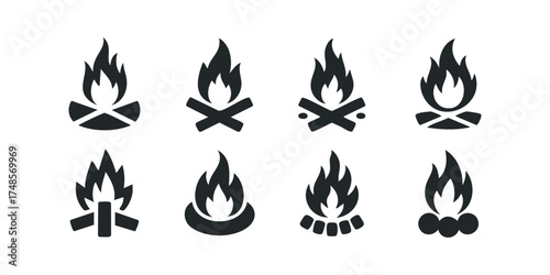 Collection of eight stylized bonfire icons with diverse wood arrangements