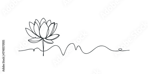 Minimalist continuous line drawing of a lotus flower on wavy line