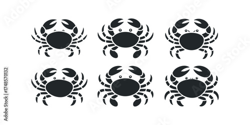 Set of six stylized black crab icons with playful expressions