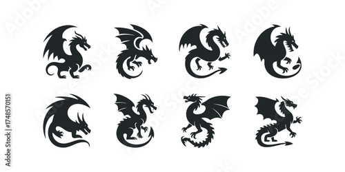 Collection of stylized dragon silhouettes in various poses