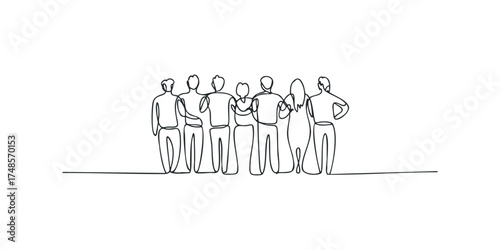 Group of people standing together drawn with continuous line