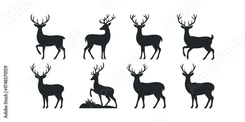 Collection of Black Deer Silhouettes with Antlers Various Poses