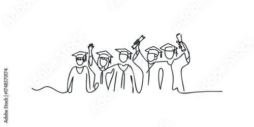 Group of graduates celebrating with diplomas and caps