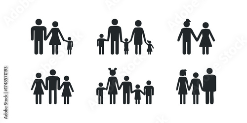 Six simplified family group pictograms with parents and children