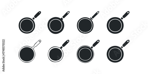 Collection of eight black frying pan icons on white background