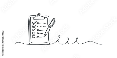 Clipboard with checklist and pen in simple line drawing