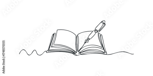 Open book with quill pen writing line art