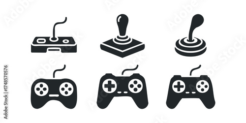 Collection of vintage and modern game controllers on white background