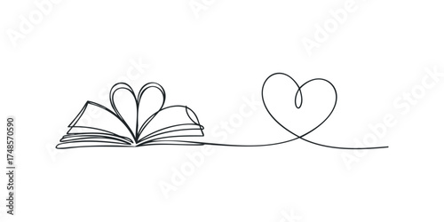 Open book with heart shape formed by pages and trailing line
