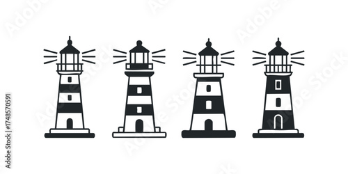 Four stylized lighthouses with radiating light beams