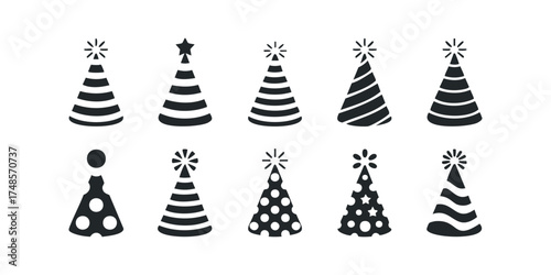 Collection of stylized party hat icons with various patterns