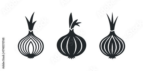 Three stylized onions with leafy tops rendered in black silhouette