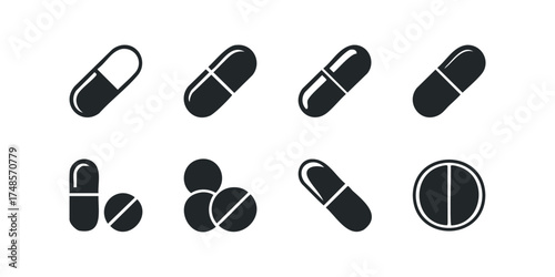 Collection of medical pill and capsule icons