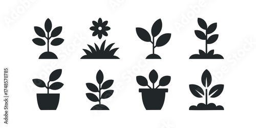Eight Black Seedling and Plant Icons Isolated on White