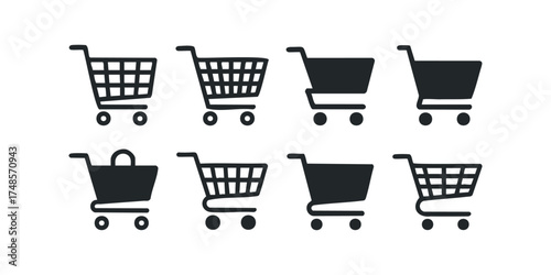 Set of black shopping cart icons on a white background