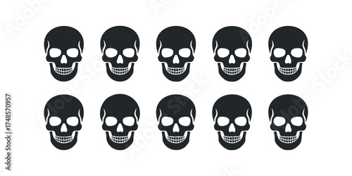 Collection of ten dark skull icons on white