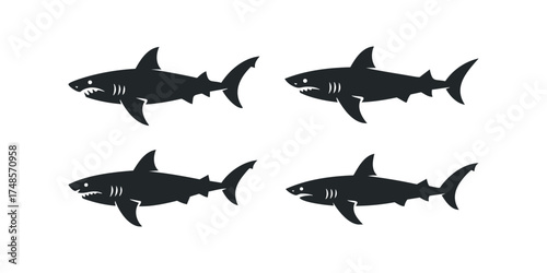 Four black shark silhouettes on a white background