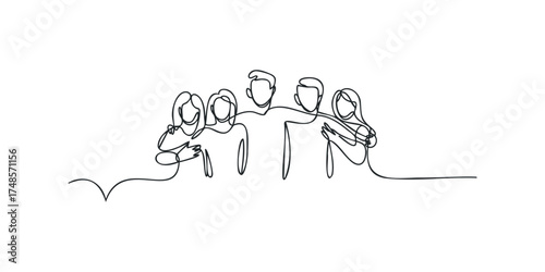 Five people embracing in a continuous line drawing