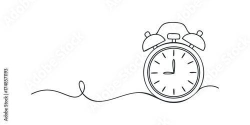 Alarm clock line art with flowing line element