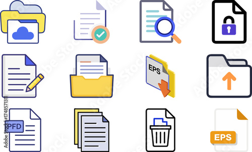 Colorful icons representing different types of documents, highlighting concepts such as cloud storage, search, security, and editing