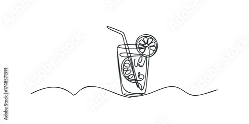 Continuous Line Drawing of a Tall Glass of Refreshing Drink with Citrus Slices and Straw