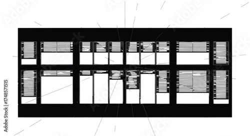 Modern architectural facade with geometric patterns and reflective surfaces