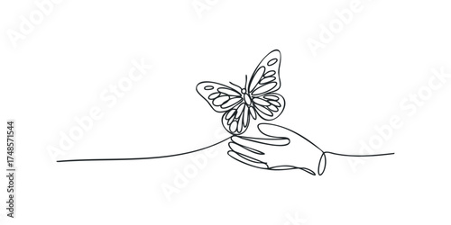 Hand holding delicate butterfly in continuous line drawing
