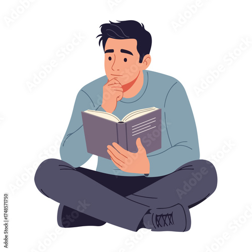 A thoughtful man sits cross-legged, engrossed in reading a book, contemplating its contents.