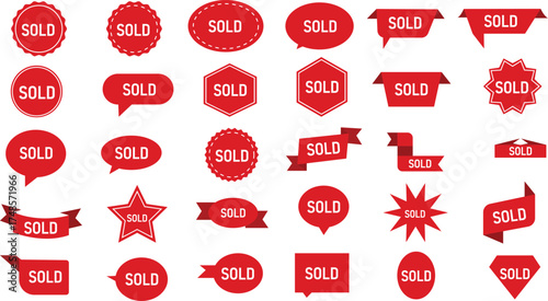Red Sold Tags Collection Variety of Shapes Ribbons Stickers Banners Labels Icons Signs Real Estate Marketing Sold Out