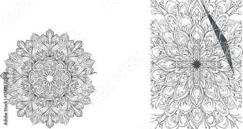 Flat vector mandala design with floral elements, intricate symmetry, bold letter overlay, decorative art, spiritual pattern, ornamental background, meditation theme