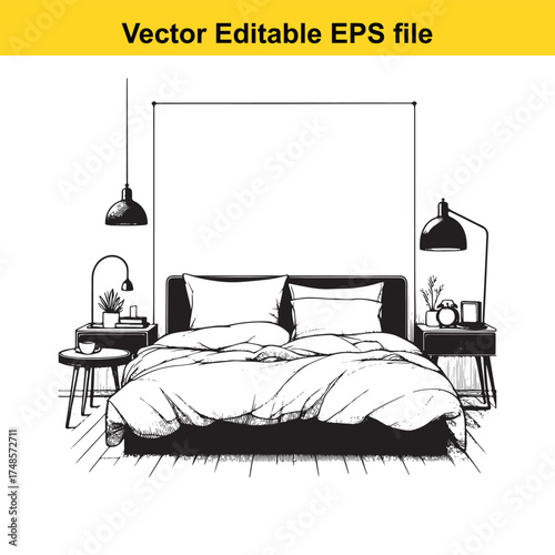 Vector art of modern bedroom setup with a large bed, bedside tables, lamps, and decor, sketch illustration